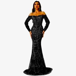 Heavily beaded black gown evening dress NWOT size 14 long sleeve formal mermaid